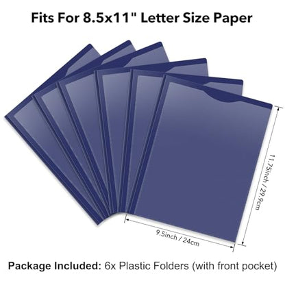 Briartw Heavy Duty Plastic Pocket Folder with Prongs for Letter Size Paper - 6 Pack Navy Blue File Folder with Clear Front Pocket - 2 Pockets and 3 Prongs,As Well As 2 Card Slots - Pocket Folders - color: Navy Blue