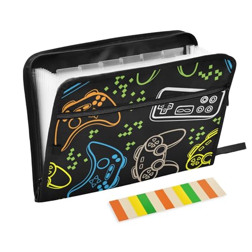 Expanding File Folder - Colorful Game Handle 13 Pocket Accordion File Folders with Sticky Labels, A4 Letter Size Paper Document Organizer with Zipper Closure for Office School Boys Girls - color: Colorful Game Handle