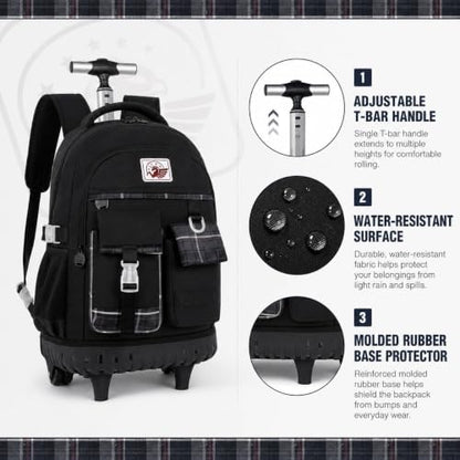 gxtvo 3PCS Rolling Backpack for Women, Girls Wheeled Bookbag with Lunch Box for Adults, Water Resistant Roller School Bag for College Teens Kids Travel - Black - color: 3pcs Set Black