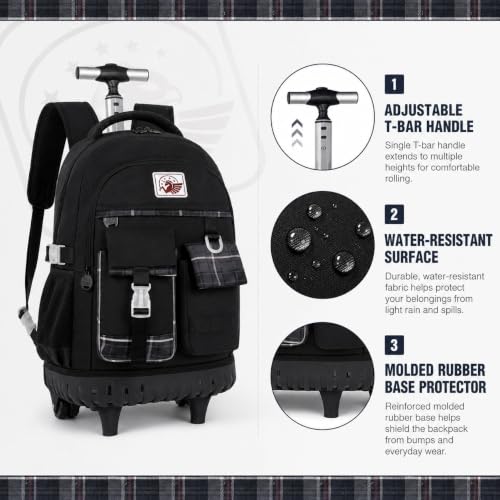 gxtvo 3PCS Rolling Backpack for Women, Girls Wheeled Bookbag with Lunch Box for Adults, Water Resistant Roller School Bag for College Teens Kids Travel - Black - color: 3pcs Set Black