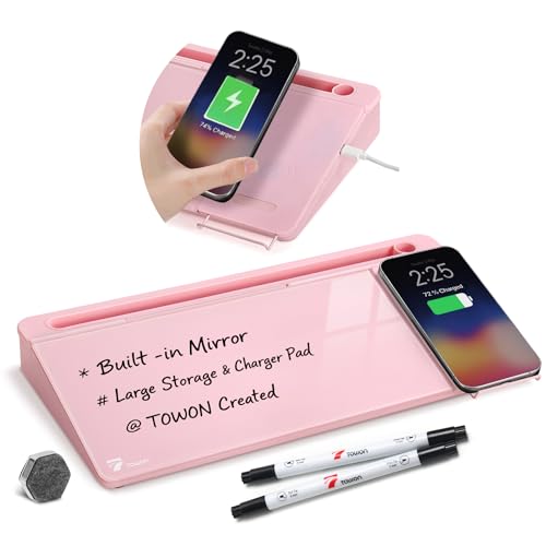 TOWON Glass Desk Whiteboard 17x6 in, Wireless Charger and Storage, Pink | Desktop white board with charging station and mirror. Compact desk organizer with dry erase storage. - color: Charger Pink