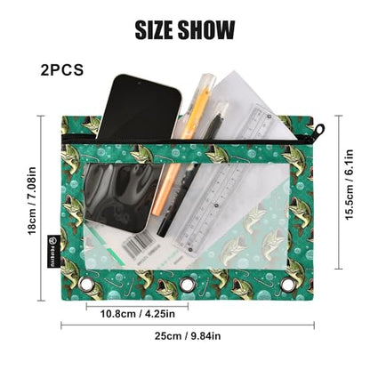 Deep Sea Fish Binder Pouches 3 Ring for Boys Girls School Office College Supplies Ocean Theme Fishman Pencil Pouches Case Bag with Clear Window and Zipper 2 Pack - color: Fish