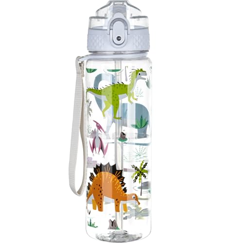 OLDLEY 17oz Kids Water Bottle, Tritan BPA-Free, Leakproof Flip Straw Lid, Motivational Time Marker, Carry Strap, Reusable Clear Water Bottle for Boys & Girls,Dinosaur - color: Dinosaur, style: 17 Ounces