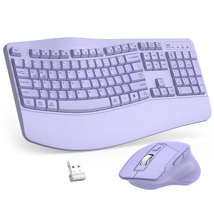 Wireless Keyboard and Mouse Combo, 2.4G Full Size Wave Keys Ergonomic Keyboard with Wrist Rest and 3-Level DPI Adjustable Wireless Ergonomic Mouse for Windows, Mac OS Desktop/Laptop/PC(Purple) - color: purple