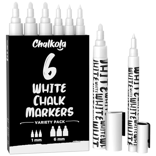 Chalkola White Chalk Markers - White Dry Erase Liquid Chalk Pens for Chalkboard, Blackboard, Window, Bistro, Car Glass, Board, Signs - Variety Pack of 6 - (3x) 1mm & 6mm - color: White - 1mm & 6mm (6 Pack)