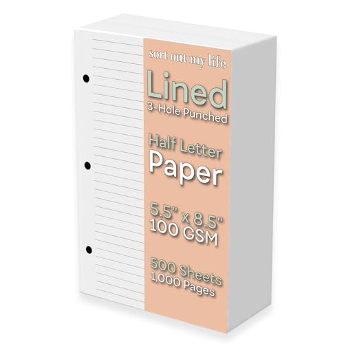 Half Letter Lined Paper, 3-Hole Punched, 500 Sheets/1,000 Pages, 100 GSM, Printer Paper Binder Refill, 5.5 in. x 8.5 in., fits in Half Letter 3-Ring Binders, Binder Refill Line Inserts (500-Sheet) - size: 500 Sheets/1000 Pages