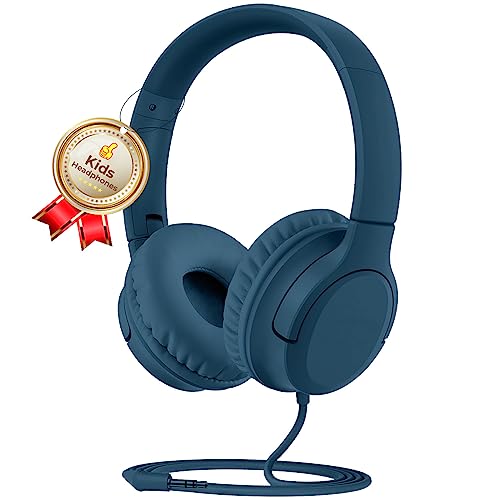 DyBaxa Kids Headphones Wired, Foldable On Ear Headset, Volume Limiter 94dB, Over-Ear Headphones for Kids School Online Classes Travel Children, 3.5mm Jack Compatible Smartphones Tablet, Dark Blue - color: Pacific Blue