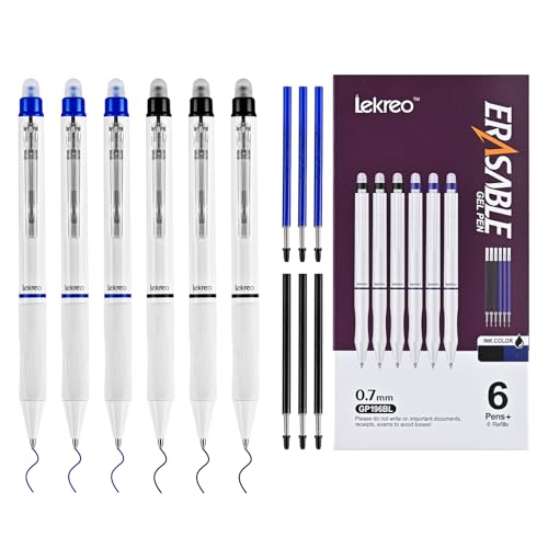 6 Counts Erasable Gel Pens, 0.7mm Fine Point Retractable Clicker Pens with 6 Black Blue Refills,Make Mistakes Disappear for Writing Planner Drawing and Crossword Puzzles - color: Black/Blue Ink - 6 Pack