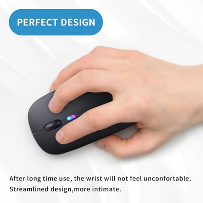 Wireless Bluetooth Mouse, Rechargeable, LED, Silent, Ultra-thin Design (Bluetooth 5.2 and 2.4GHz USB Receiver) | Portable Computer Mouse for Laptops, iPads, MacBooks and Apple Devices (Black) - color: Black