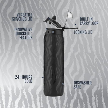 Ello Pop & Fill Insulated Stainless Steel Water Bottle with Quick Fill Lid, Leakproof Locking, Sip or Chug Spout, BPA-Free, Double Wall Vacuum Insulated for Sports, Travel & School- 22oz / 32oz / 40oz - color: Zebra, style: 22oz