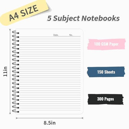 5 Subject Notebook College Ruled, 300 Pages A4 Hardcover Spiral Notebook with Removable Dividers Tabs 8.5" x 11" 100GSM Large Lined Journal Notebooks for Work School - color: black