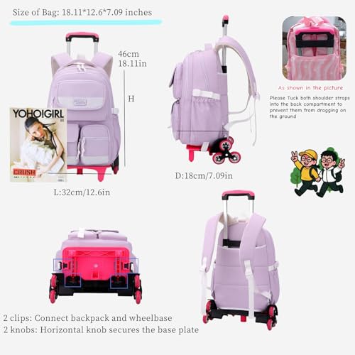 MITOWERMI Rolling Backpack for Girls, Backpack with Wheels for Girls, Kids Roller Trolley Bags Wheeled School Bookbag Purple-6 wheels - color: 6 Wheels-purple