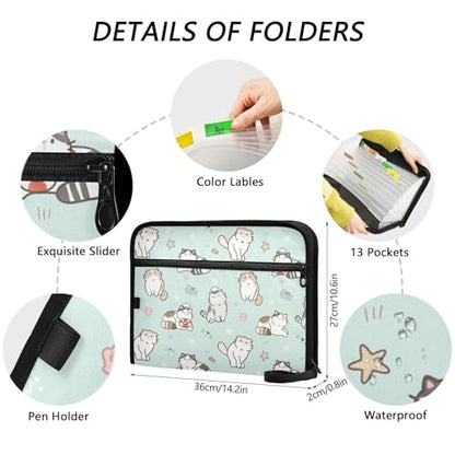 Cute Cats Green Expanding Accordion File Folder with 13 Pockets and Zipper Closure - color: Cute Cats Green