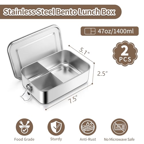 TeamFar 2 Pack Stainless Steel Bento Box, 47oz Metal Lunch Box | with 3 Compartments for Adults/Kids, Lunch Food Containers for School/Work/Meal Prep, Leak-Proof & Dishwasher Safe, 1400ML - size: 1400ML