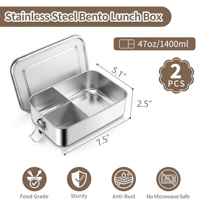 TeamFar 2 Pack Stainless Steel Bento Box, 47oz Metal Lunch Box | with 3 Compartments for Adults/Kids, Lunch Food Containers for School/Work/Meal Prep, Leak-Proof & Dishwasher Safe, 1400ML - size: 1400ML