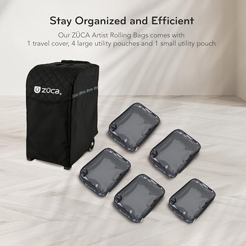 ZUCA Travel Cases for Artists & Professionals - Makeup Case with 4 Vinyl Utility Pouches, Travel Cover, 41" Telescoping Handle, Rolling Wheels & Sturdy Aluminum Frame for Makeup Artists and Creatives - color: Black w/ Black Frame, style: Pro