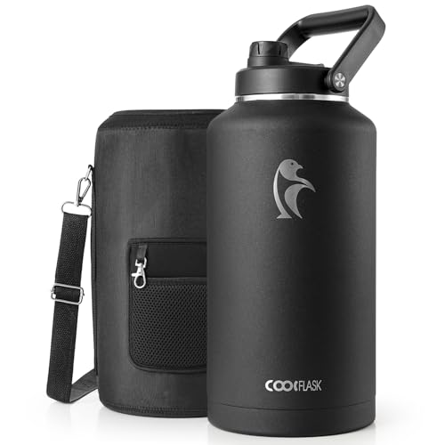 Coolflask Titan 2 Gallon Insulated Water Bottle, 256 oz Large Water Jug Stainless Steel with Leakproof Handle Spout Lid & Sleeve, Wide Mouth Metal Flask for Camping or Work, Magic Black - color: Magic Black, size: 256 Ounces