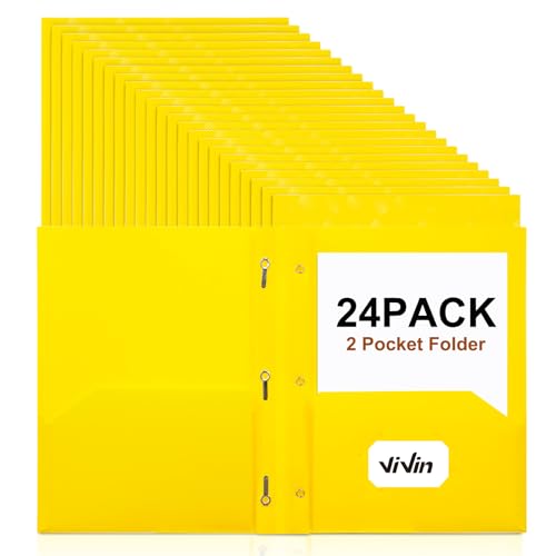 ViVin Plastic Folders with Pockets and Prongs,24 Pack,Heavy Duty 2-Pocket File Folder with 3 Fasteners,Fits Letter Size Paper,for School Home and Office(Bright Yellow) - color: Bright Yellow, size: 24 PACK