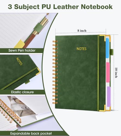 JASLEKO 3 Subject Notebook College Ruled with Dividers Tabs, 100 GSM Leather Hardcover Spiral Notebooks for School Work, 240 Pages Large Cute Notebook Journal for Women Men, College Students,Green - color: Green