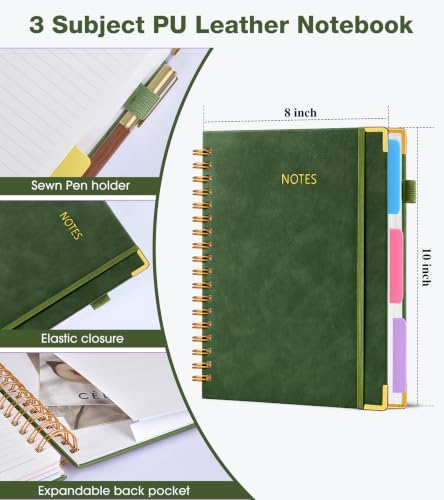 JASLEKO 3 Subject Notebook College Ruled with Dividers Tabs, 100 GSM Leather Hardcover Spiral Notebooks for School Work, 240 Pages Large Cute Notebook Journal for Women Men, College Students,Green - color: Green