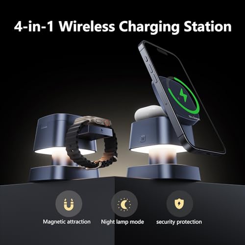 【2026 Upgraded】4 in 1 Wireless Charger, 3 in 1 Wireless Charging Station with Night Light for MagSafe Charger, 15W Magnetic Travel Stand for iPhone17/Air/Pro/Max/16/15/14, Apple Watch, Airpods (Gray) - color: Gray