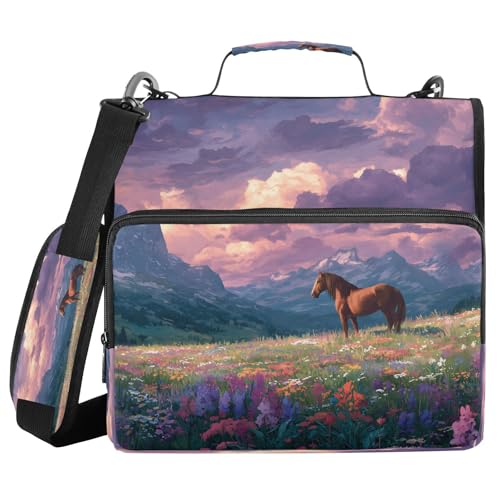 3 Ring Zipper Binder Horse Mountain Forest Landscape Binders Bag with Shoulder Strap 500 Sheets Paper Organizer Trapper Keeper Documents Storage File Folder for School Office - color: A2843