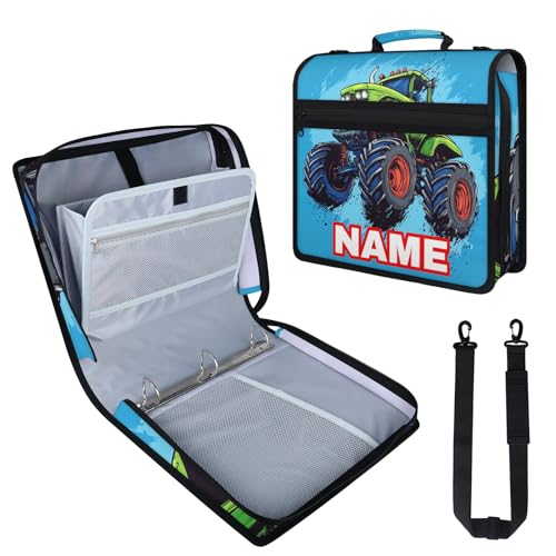 Custom Zipper Binder Green Monster Truck 3 Ring Binder 1.5 Inch Expanding Pockets File Folder Large Capacity Document Organizer Bag with Handle and Strap - color: Multi 4