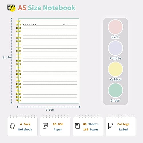 Umriox Small Spiral Notebook, 4 Pack 5.9" x 8.3" College Ruled Notebook, A5 Lined Notebook with Sticky Notes, Double-Wire Spiral Journal for Work, School - size: 5.9 x 8.3 in, style: Ruled