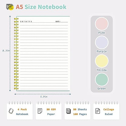 Umriox Small Spiral Notebook, 4 Pack 5.9" x 8.3" College Ruled Notebook, A5 Lined Notebook with Sticky Notes, Double-Wire Spiral Journal for Work, School - size: 5.9 x 8.3 in, style: Ruled