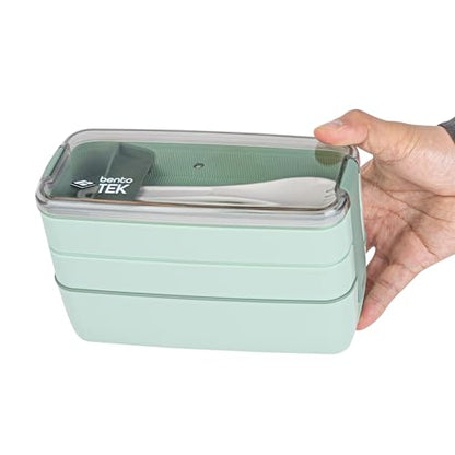 Restaurantware-Bento Tek 28.7 Ounce Bento Box, 1 Reusable Lunch Container - With Fork And Spoon, Does Not Contain BPA, Green Plastic Reusable Lunch Box, Microwavable, Dishwashable - size: 1 Count, style: 29 oz - Green