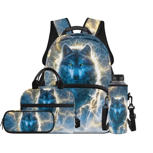 Wolf Backpack and Lunch Box Set, 4 in 1 Kids Backpack with Pencil Case and Water Bottle Cover, for Primary Students Ages 8-10 Daily Use - color: Lightning Wolf Print