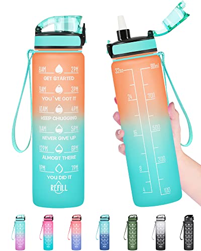 Enerbone Water Bottle, Leakproof BPA & Toxic Free, Motivational Water Bottle with Times to Drink and Straw, Fitness Sports Water Bottle with Strap for Office, Gym, Outdoor Sports - color: Orange-Green, size: 32 Ounces