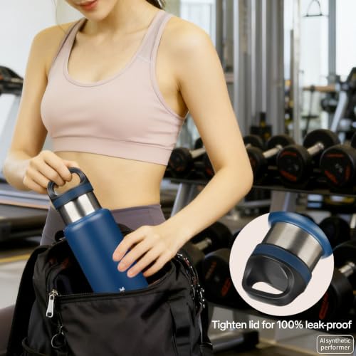 BJPKPK Insulated Water Bottle 32OZ Stainless Steel Water Bottle with Handle Double Walls Vacuum Insulated BPA Free Flask, Drak Blue - color: Drak Blue, size: 32 Ounces