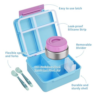 Bento Box for Kids with Thermo Food Container (9oz), 4-Compartment Lunch Box, Adjustable Divider, Leakproof Bento Lunch Box, Includes Utensils & Carry Bag for School, Office(Light Blue) - color: Light Blue