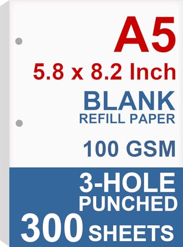 (3-Pack) A5 Filler Paper, 3 Hole Planner Refills, Organizer, Loose-leaf Binder Paper, Total 300 Sheets/600 Pages, 100gsm, Blank, White Paper, 5.8 x 8.2 Inch, 3 Hole Filler Paper, Mini Binder Refills - size: 300 Sheets