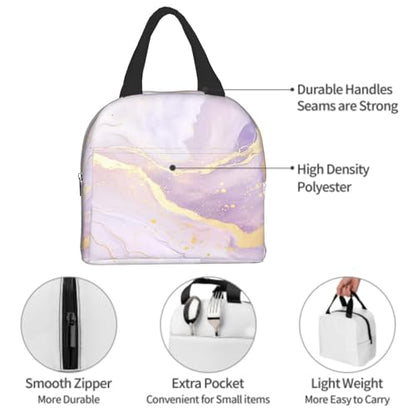 Nerxy Insulated Lunch Bag Woman 8x5x8.5inch Pink Purple Gold Marble Reusable Lunch Box Soft Cooler Tote Bag Men Kids Adults Waterproof Meal Container With Pocket for Work School Travel Office Picnic - color: Marble