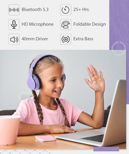 rockpapa E7 Over Ear Wireless Bluetooth Headphones with Mic Without Travel Case, Foldable Wired/Wireless Headphones with Microphone for Kids Childrens Boys Girls Teen Youth Adult Purple Black - color: Purple Black, style: without Case