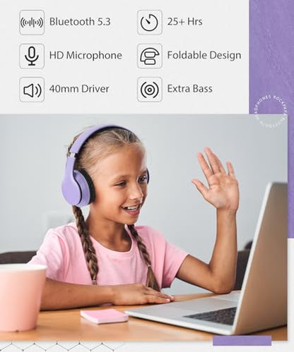 rockpapa E7 Over Ear Wireless Bluetooth Headphones with Mic Without Travel Case, Foldable Wired/Wireless Headphones with Microphone for Kids Childrens Boys Girls Teen Youth Adult Purple Black - color: Purple Black, style: without Case