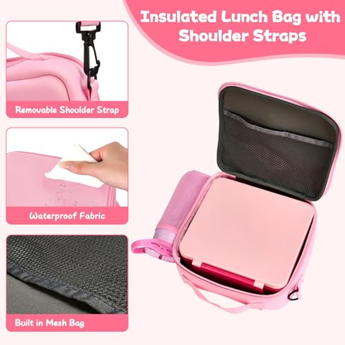 Kids Bento Lunch Box with 8oz Soup Thermo, Water Bottle, Leakproof Lunch Food Containers with 4 Compartment, Kids Insulated Hot Food Jar with Lunch Bag for School(Pink) - color: Pink