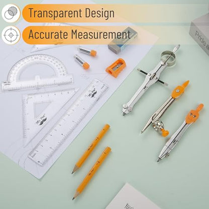 Mr. Pen- Geometry Set, 13 pcs, 3 Metal Compasses, Protractor, 6" Ruler | 45° & 30°/60° Set Squares, Pencils, Lead Refills, Sharpener & Eraser for Math, Drafting & Classroom Use | 45° & 30°/60° Set Squares, Pencils, Lead Refills, Sharpener & Eraser for Mat