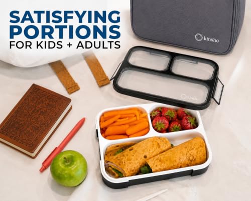 kinsho Lunch Boxes for Boys Teens Adults - Bento Box Set with Insulated Bag and Ice Pack, 3 Compartment Leak Proof Food Container, BPA-Free, Microwave Safe, Ideal for School & Work, Black Gray - color: Black in Grey Bag