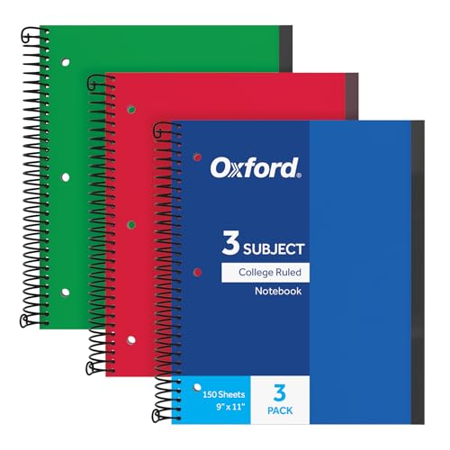 Oxford Spiral Notebook 3 Pack, 3 Subject, College Rule, Durable Plastic Covers, Strong Coil, 3 Durable Pockets, 8.5 x 11, 150 Sheets,3 Pack, Blue, Red, Green (89803) - size: (Pack of 3)