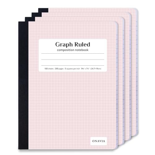 ONAVIA Pink Graph Composition Notebook, 5x5 Grid, 200 Pages | 100 ct, 9.75 x 7.5 in, Grid Paper Notebook, Squared Notebook, Graph Notebook, Math, Science, Engineering - size: 4 Pack