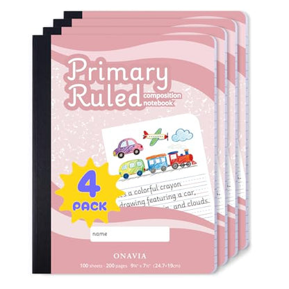 ONAVIA Pink Primary Composition Notebook 4 Pack, Picture Space, 200 Pages | 100 ct, 9.75 x 7.5 in, Primary Journal Grades K-2, Picture Space, Writing Practice, Kindergarten, Notebook for Kids - color: Pink, style: 4 Pack