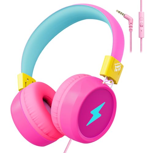Owliwise Kids Headphones for School and Travel, Safe 85/94dB Volume Limiter, HD Microphone, Stereo Sound, Over-Ear Foldable Wired Headphones, 3.5mm Jack for iPad Cord, Chromebook, Boys Girls - color: Pink