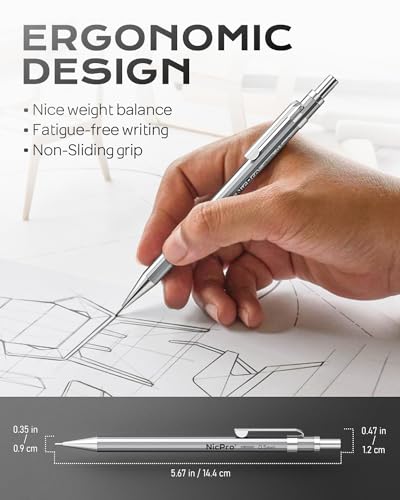 Nicpro 4 Pack Mechanical Pencil 0.5 mm with Case, MB1000 Metal Mechanical Pencil Set with 6 Tube HB #2 Lead Refill 0.5mm, 3PCS 4B Eraser, 9 Cap Eraser for Artist Drafting Writing, Sketching, Drawing | 6 Tube HB #2 Lead Refill 0.5mm, 3PCS 4B Eraser, 9 Cap