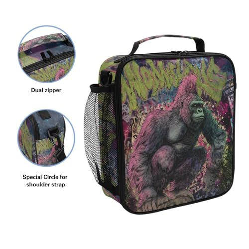 ALAZA Funny King Kong Lunch Box Insulated Lunch Bag Kids Cooler Tote Bag Freezable Shoulder Strap Lunchbox for Girls School Picnic - color: Multi891