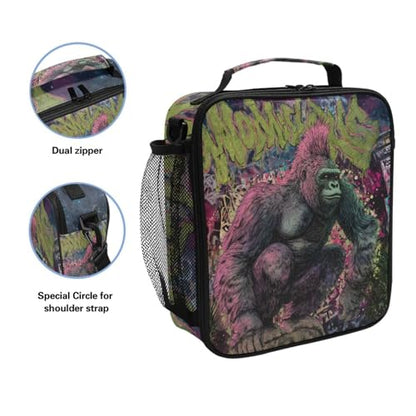 ALAZA Funny King Kong Lunch Box Insulated Lunch Bag Kids Cooler Tote Bag Freezable Shoulder Strap Lunchbox for Girls School Picnic - color: Multi891