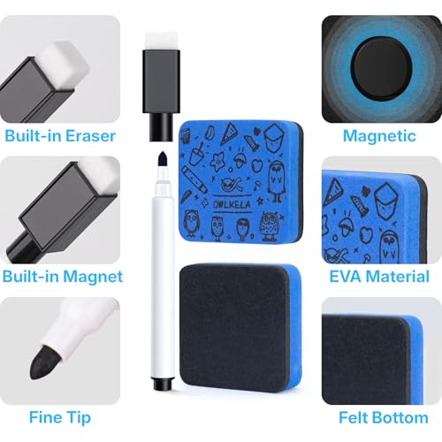 OWLKELA 20 Pcs Black Magnetic Dry Erase Markers with Eraser, Fine Tip Whiteboard Markers, Low Odor Dry Erase Set, White Board Markers for Office, Home, Classroom - size: 20 pieces
