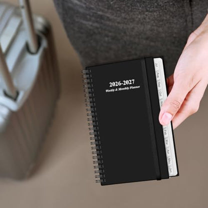 2026-2027 Pocket Planner/Calendar - 2026-2027 Planner from July 2026 - June 2027, Planner 26-27 with 12 Tabs, Twin-Wire Binding, Inner Pocket, 3.75" x 6.75, Black - color: Black, size: 3.75" x 6.75"